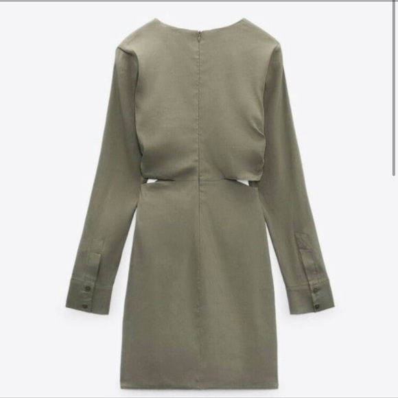 Zara * Stretchy Linen Blend Short Mini Dress Cut Out Green Olive L - Picture 3 of 8